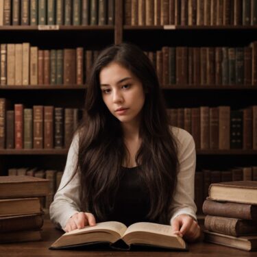 図書館で集中して読書するADHD女性、過集中力を活かし知識を吸収する様子