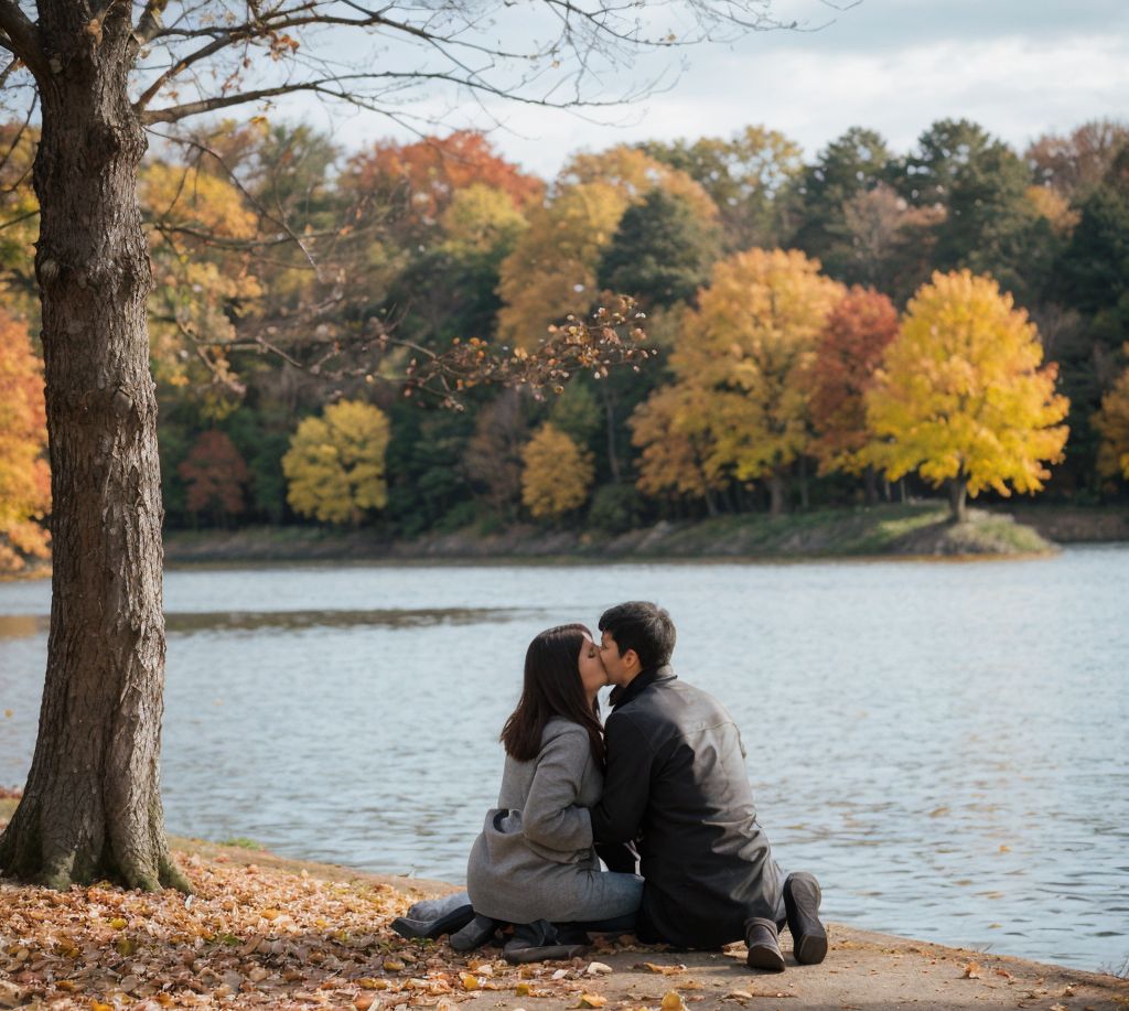 紅葉の湖畔で寄り添うカップル、穏やかな秋の風景を反射する水面。