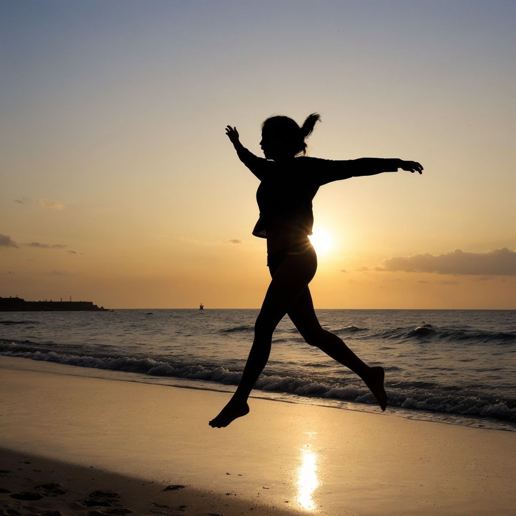 夕日の浜辺でシルエットになった人物が喜びに満ちてジャンプする自由な瞬間。