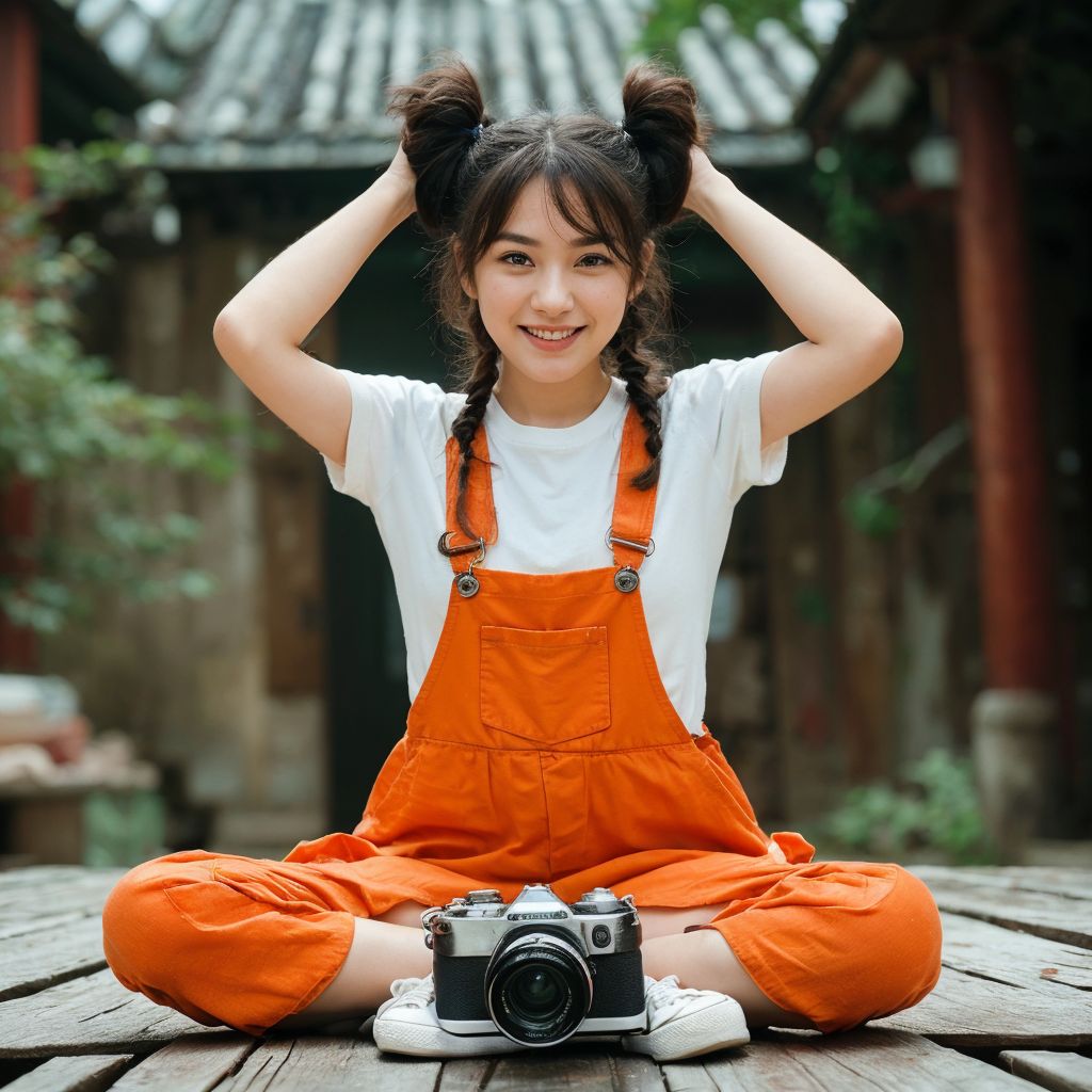 オレンジのオーバーオールを着た笑顔の若い女性が、カメラの前で髪を遊び心のあるポーズで持っている。