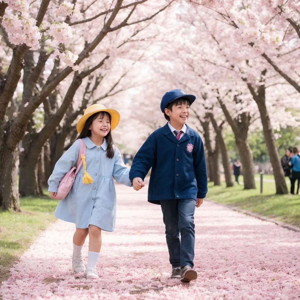 桜並木を歩く子どもたち