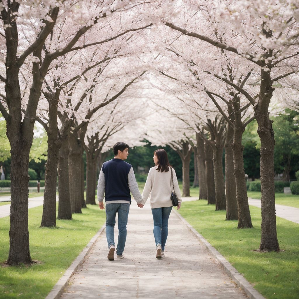 Cherry blossom pathway couple