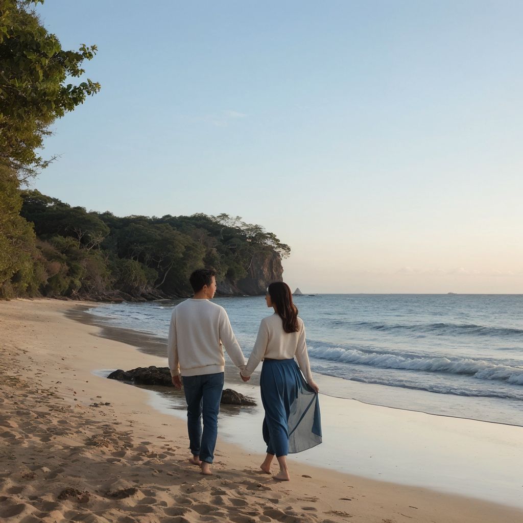 夕暮れの海岸を歩くカップル、砂浜と断崖絶壁が織りなす絶景ロマンチックシーン