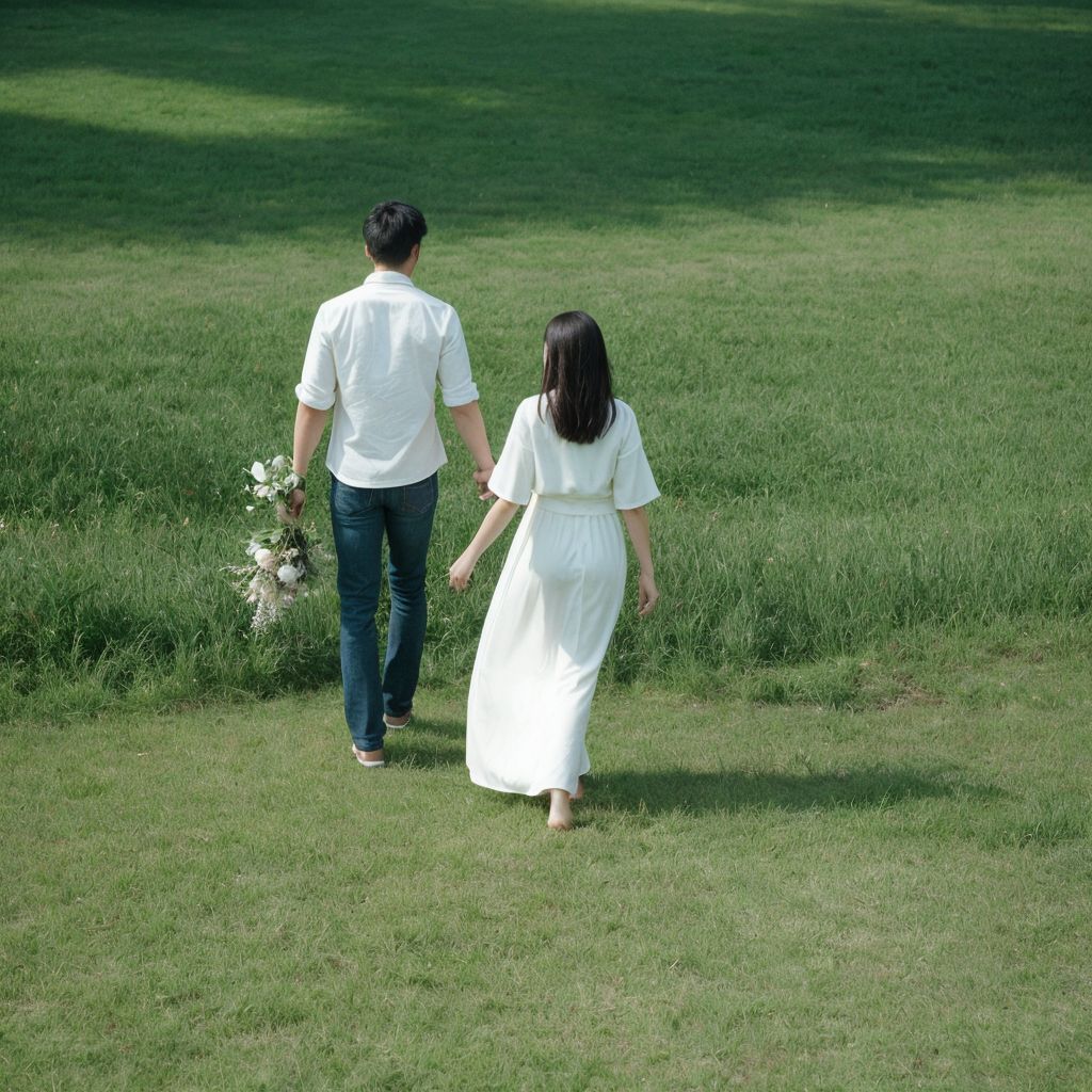 緑の野原を歩くカップル。男性は白いシャツ、女性は白いドレス姿。花束を持っている。