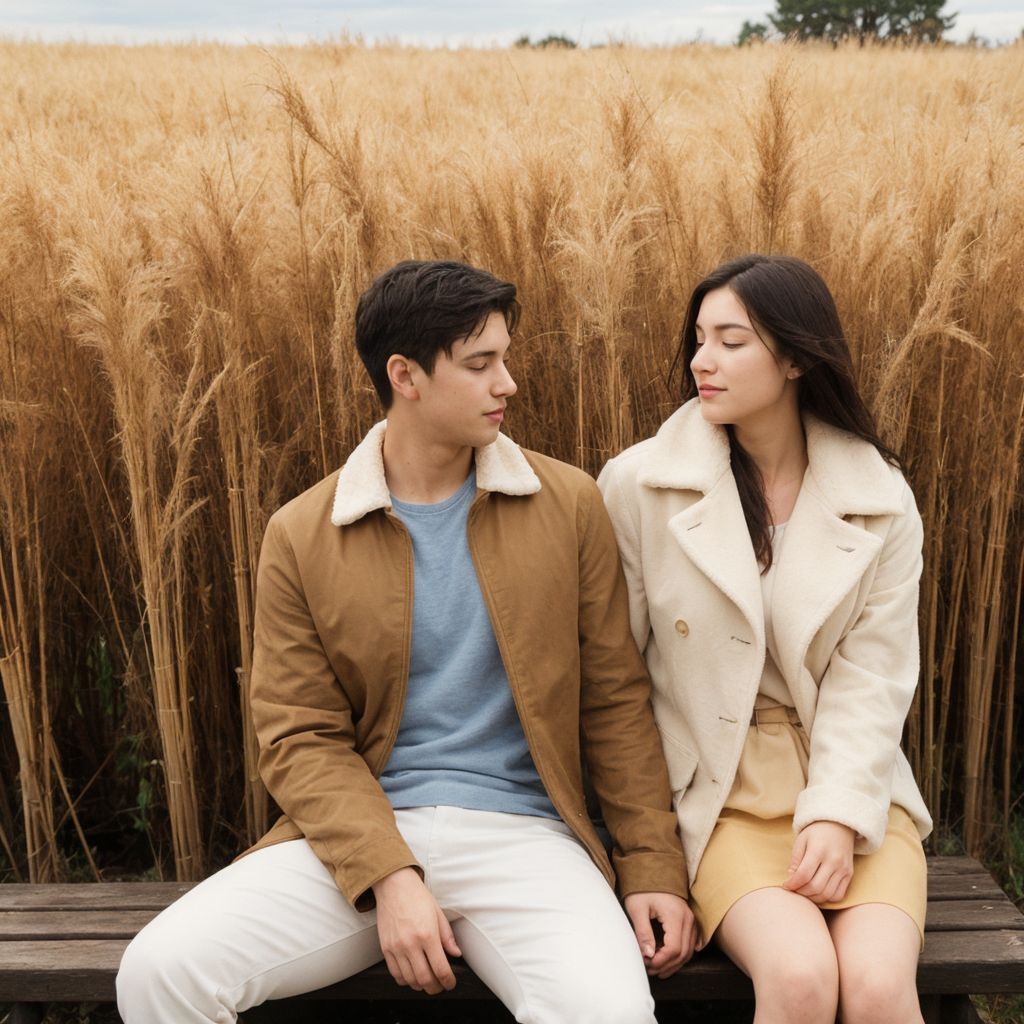 黄金の麦畑で寄り添うカップル：秋の夕暮れに包まれた静かな愛の瞬間