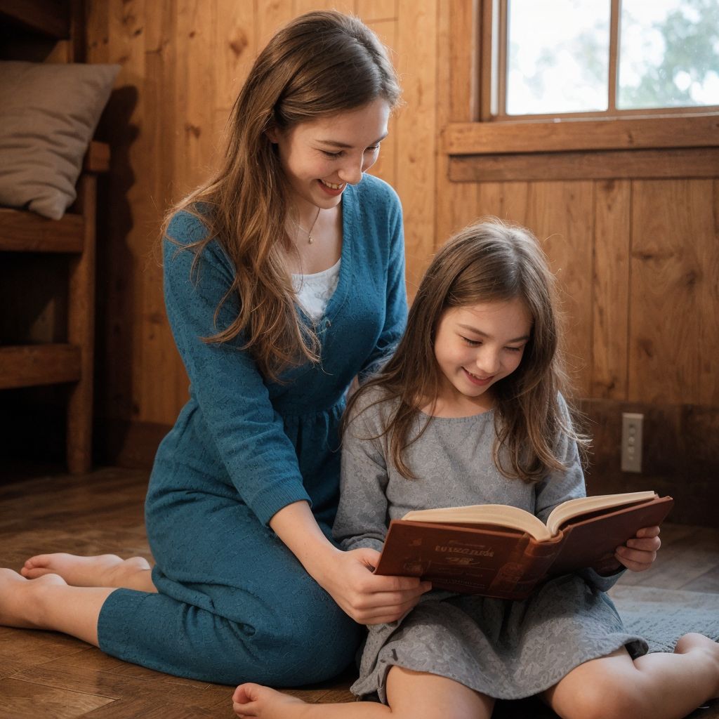 木の家で母と娘が一緒に本を読んでいる温かな光景。ゆったりとした雰囲気が漂う。