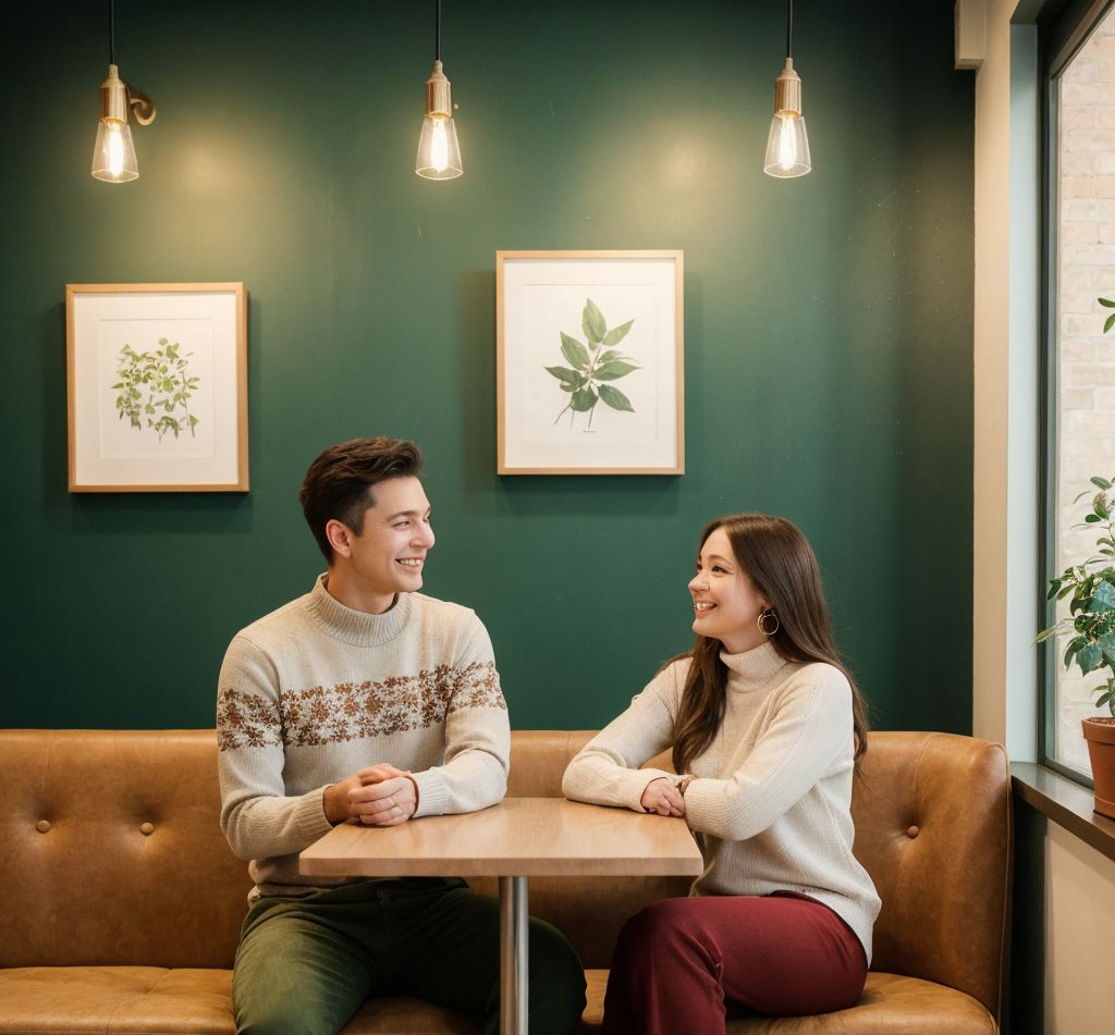 緑の壁と温かな照明が包む、カフェでの親密な会話。革張りベンチと植物画が癒しを添える。
