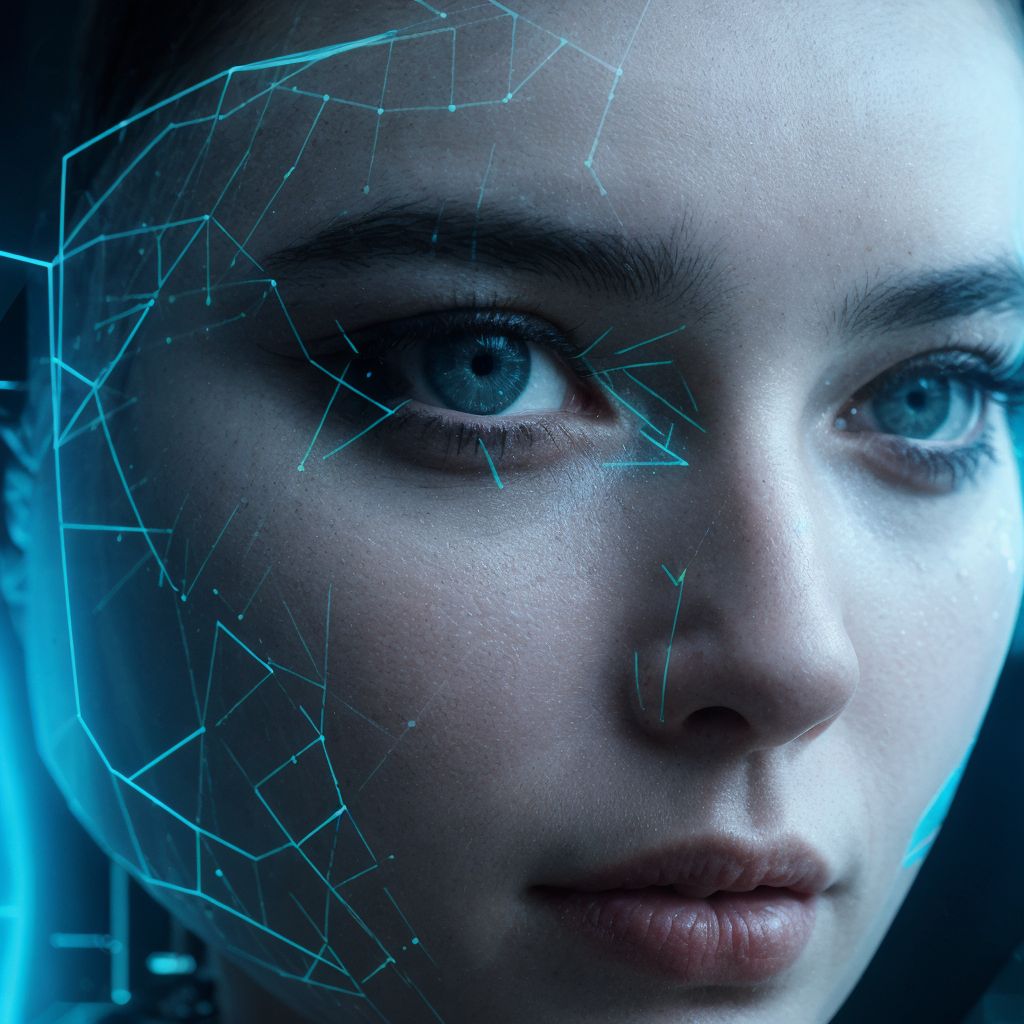 人工知能と人間の融合：青い目と回路模様が織りなす未来的な顔のポートレート