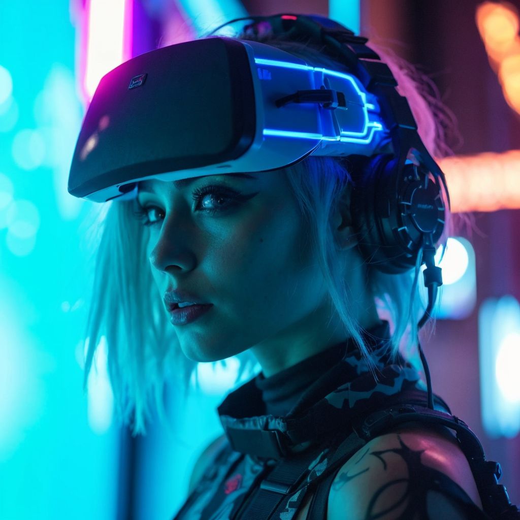 サイバーパンクの世界でVRヘッドセットを装着する未来的な人物の肖像画。