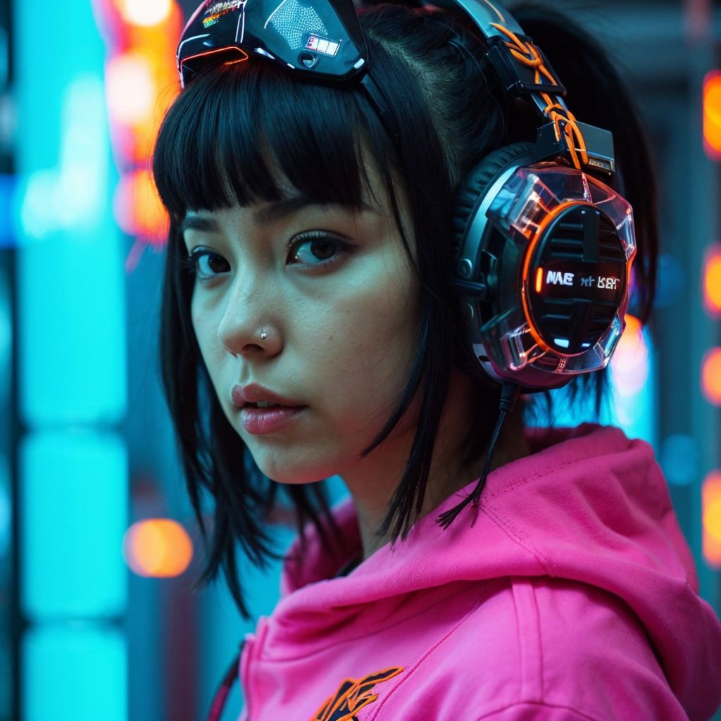 サイバーパンクな未来世界で、ピンクのパーカーを着た女性が先進的なヘッドフォンを装着している。