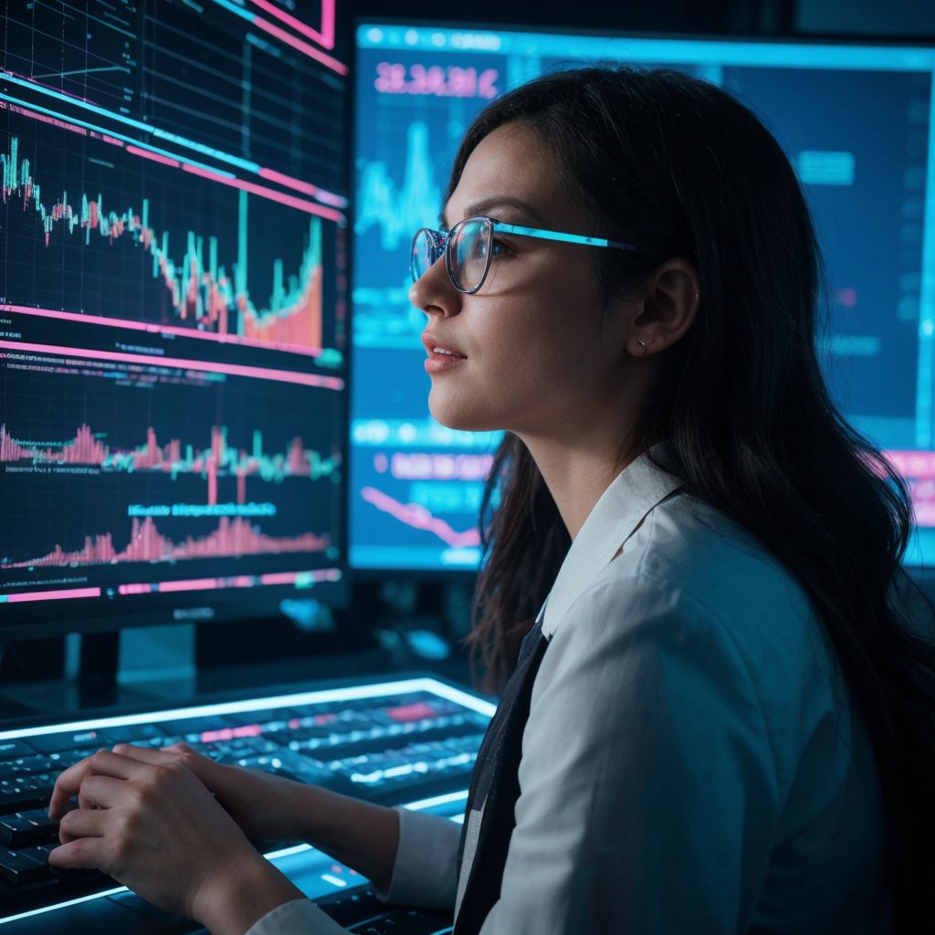 青く光る金融チャートを分析する眼鏡をかけた女性アナリスト、未来的なオフィス環境
