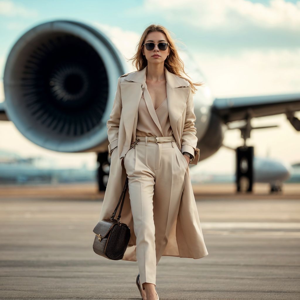 エレガントな女性旅行者が、大型ジェットエンジンの前で空港の滑走路に立っている。