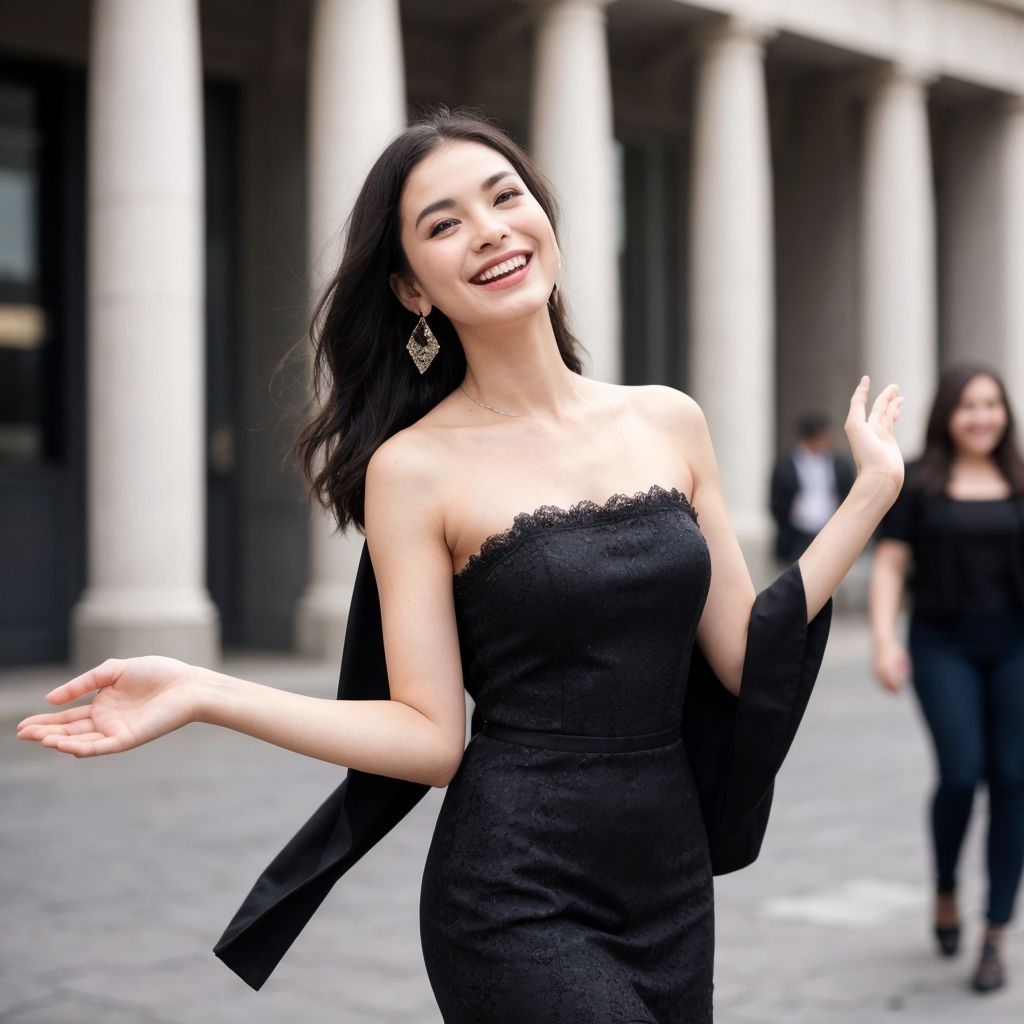 古典建築の前で、黒のドレスに身を包んだ女性が自信に満ちた笑顔で立っています。