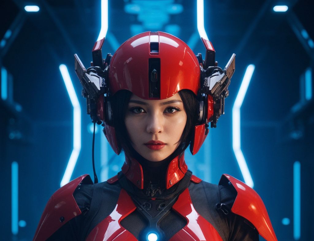 未来的な赤いハイテクアーマースーツを着た人物が、青い光る背景の中に立っている。