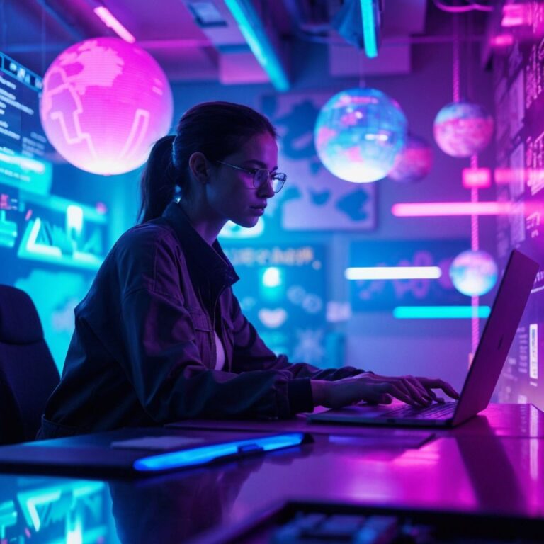 ネオンに包まれた未来的なオフィスで、女性がサイバーパンク風のデスクでパソコン作業をしている。