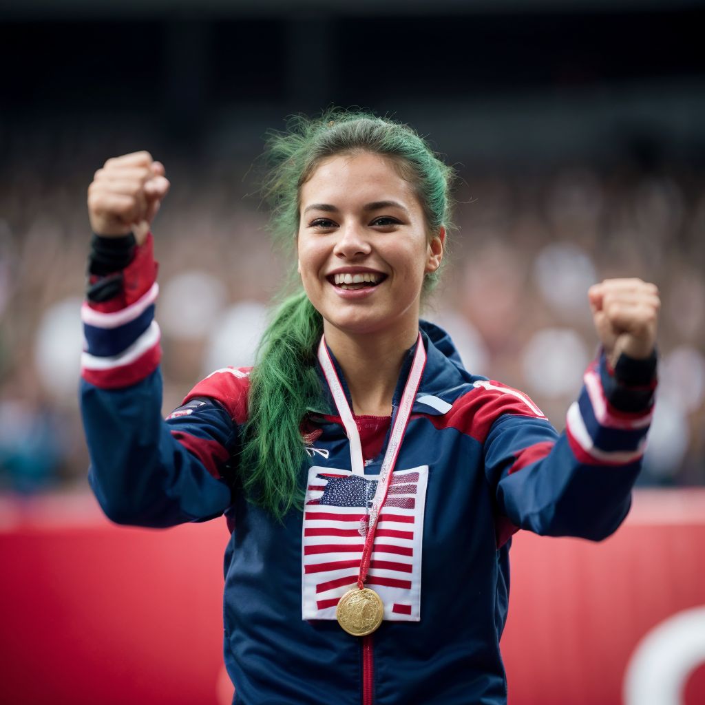 アメリカ選手権者の緑髪の女性アスリートが金メダルを掲げて喜ぶ姿。