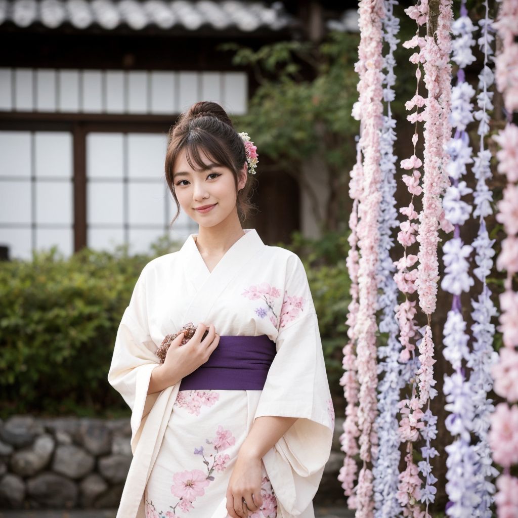 桜柄の白い着物を着た女性と藤の花が美しい日本の春の風景。