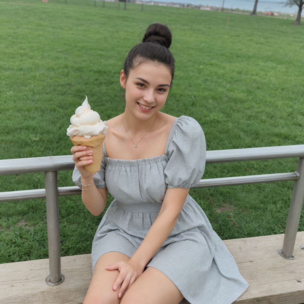 アイスクリームを楽しむ夏服の女性。公園のベンチで笑顔。緑の芝生と水辺の背景。