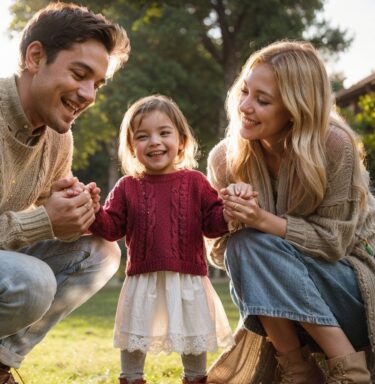 ADHDの子を持つ家族の絆：公園で笑顔の娘と両親が手をつなぎ、愛情深く見つめ合う温かな瞬間
