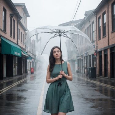 雨の街角で佇む女性。透明な傘と緑のワンピースが印象的な都市の風景。静寂と孤独を感じる一枚。