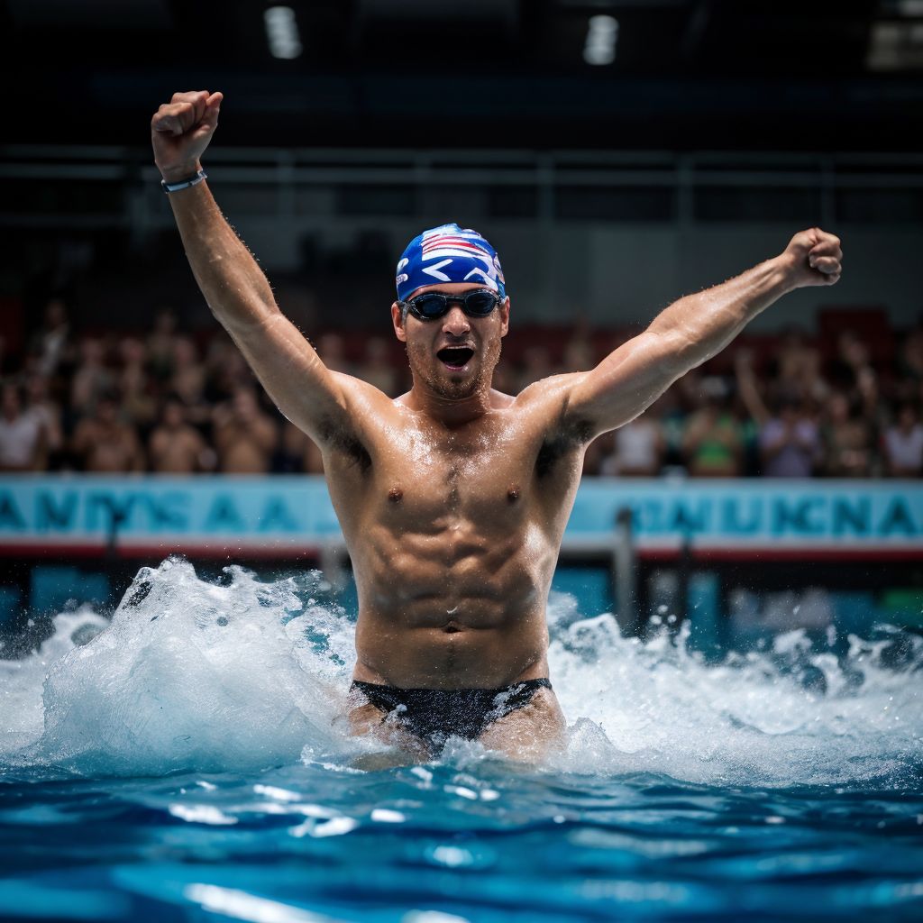 アメリカ代表の水泳選手が勝利を喜び、プールから両腕を挙げて歓喜の雄叫びをあげている。