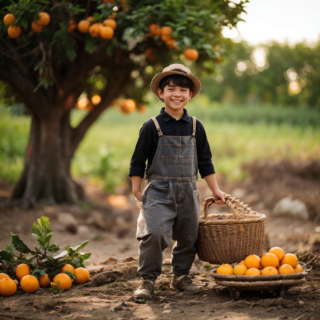 オレンジ畑で笑顔の子供が収穫。バスケットを持ち、新鮮な果物に囲まれた田舎の風景。