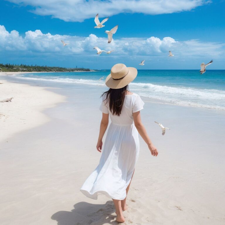 白い砂浜と青い海、空を背景に佇む白いドレスの女性と飛ぶカモメの風景。