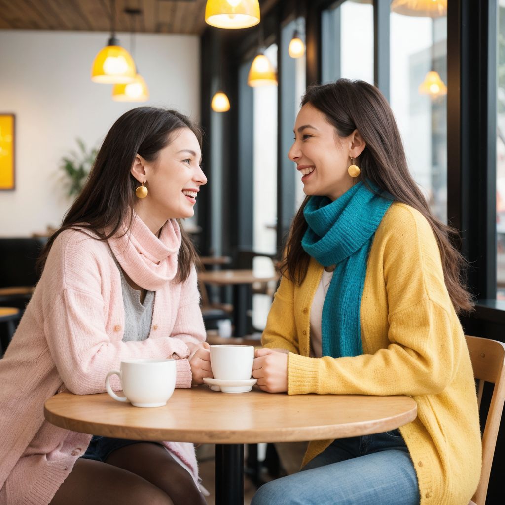 カフェで楽しく会話する2人の若い女性。温かい雰囲気と親密な友情が伝わる。