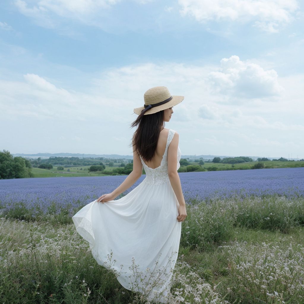ラベンダー畑に佇む白いドレスの女性。紫の花と青空が広がる美しい風景。