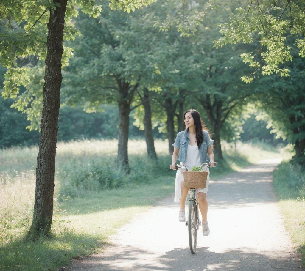 夏の公園で自転車に乗る女性。木々に囲まれた小道を進む。緑豊かな自然の中でリラックスした雰囲気。