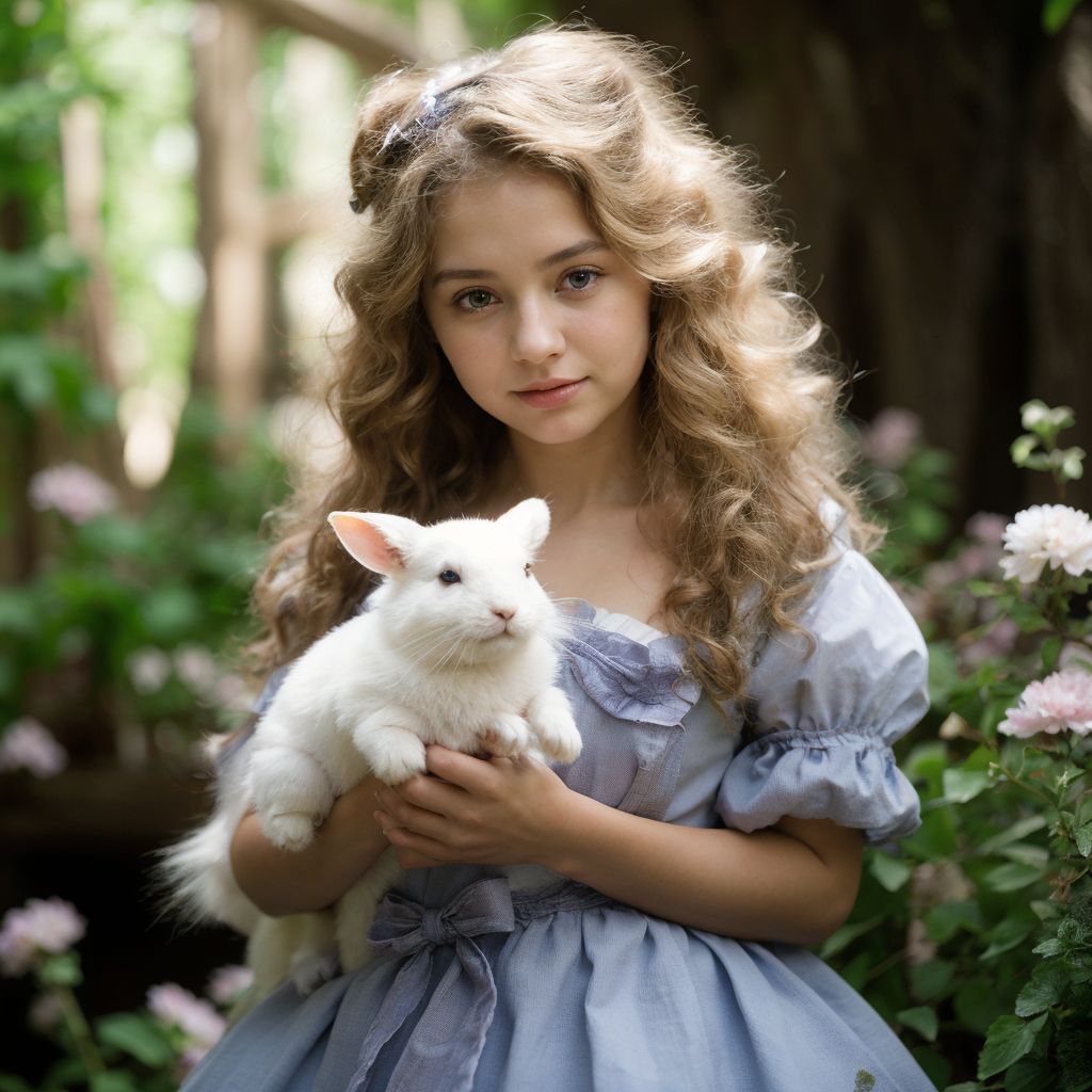 金髪の少女が白いウサギを抱き、青いドレスを着て、花が咲く庭園でポーズをとっています。