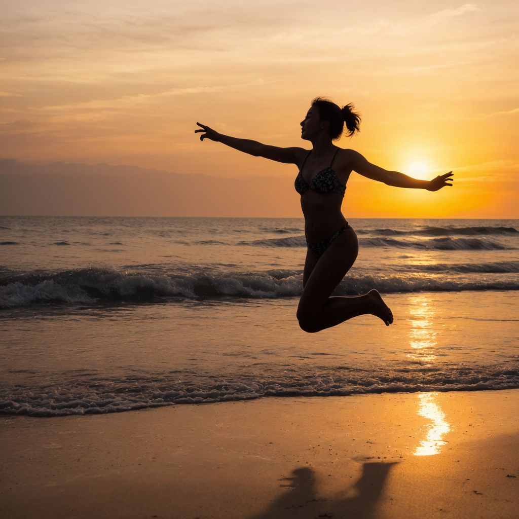 夕日の海辺でジャンプする女性のシルエット。自由と喜びを表現する美しい瞬間。