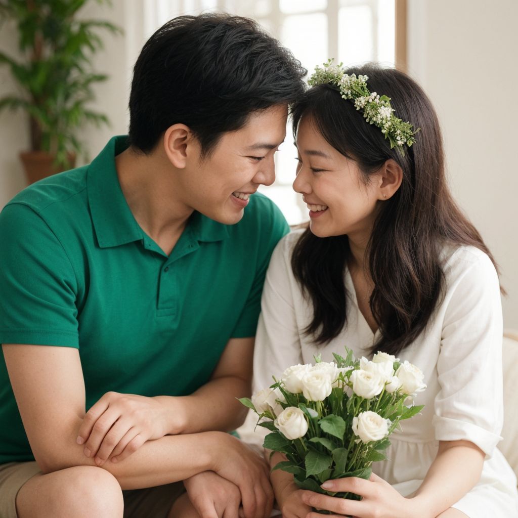 花冠をつけた女性と緑のシャツの男性がバラの花束を持ち、寄り添う愛のある瞬間。