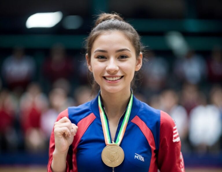 金メダルを掲げる笑顔のアスリート。青赤のユニフォームを着用し、勝利のポーズをとる女性選手。