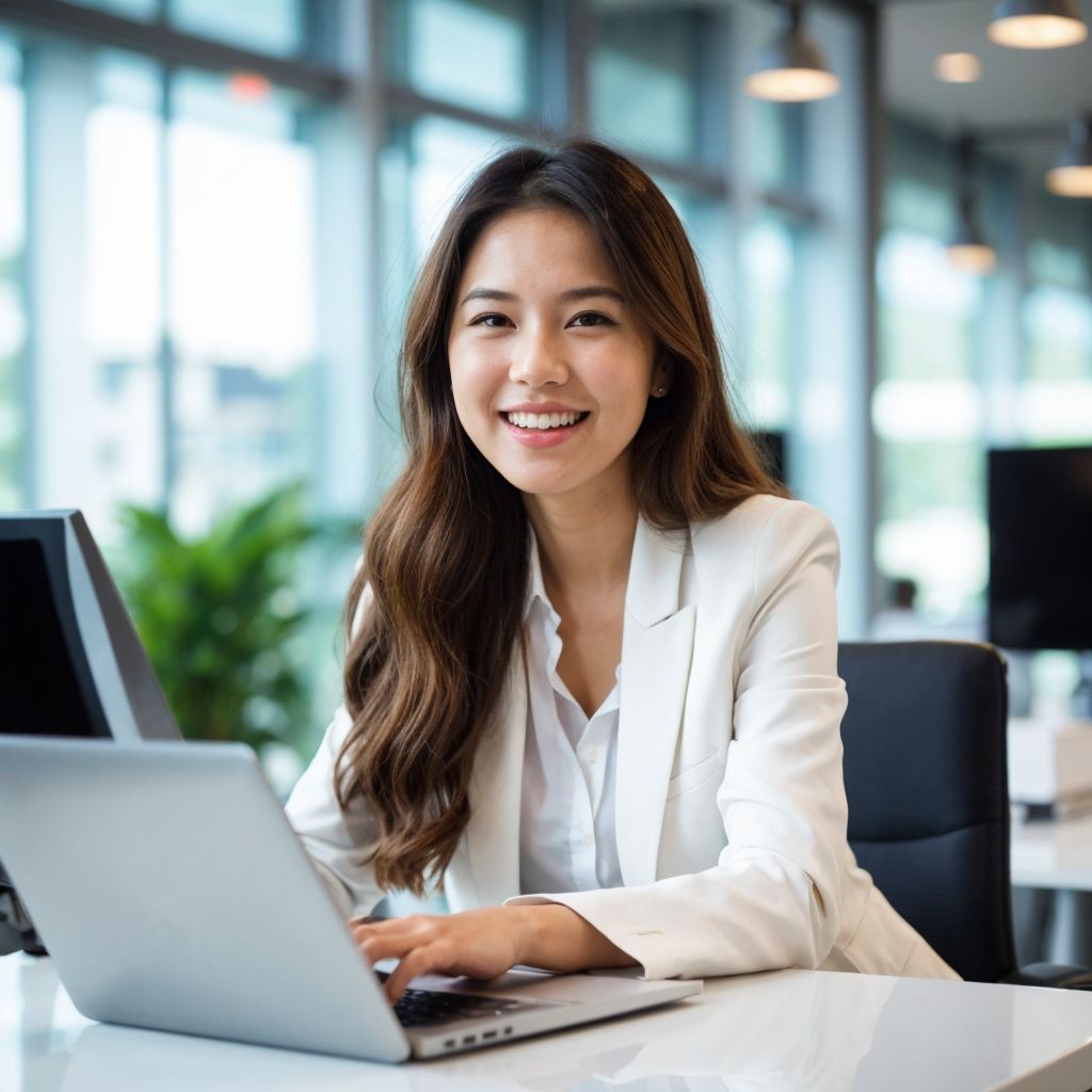 現代的なオフィスで笑顔のアジア系女性ビジネスマンがラップトップを使用している。