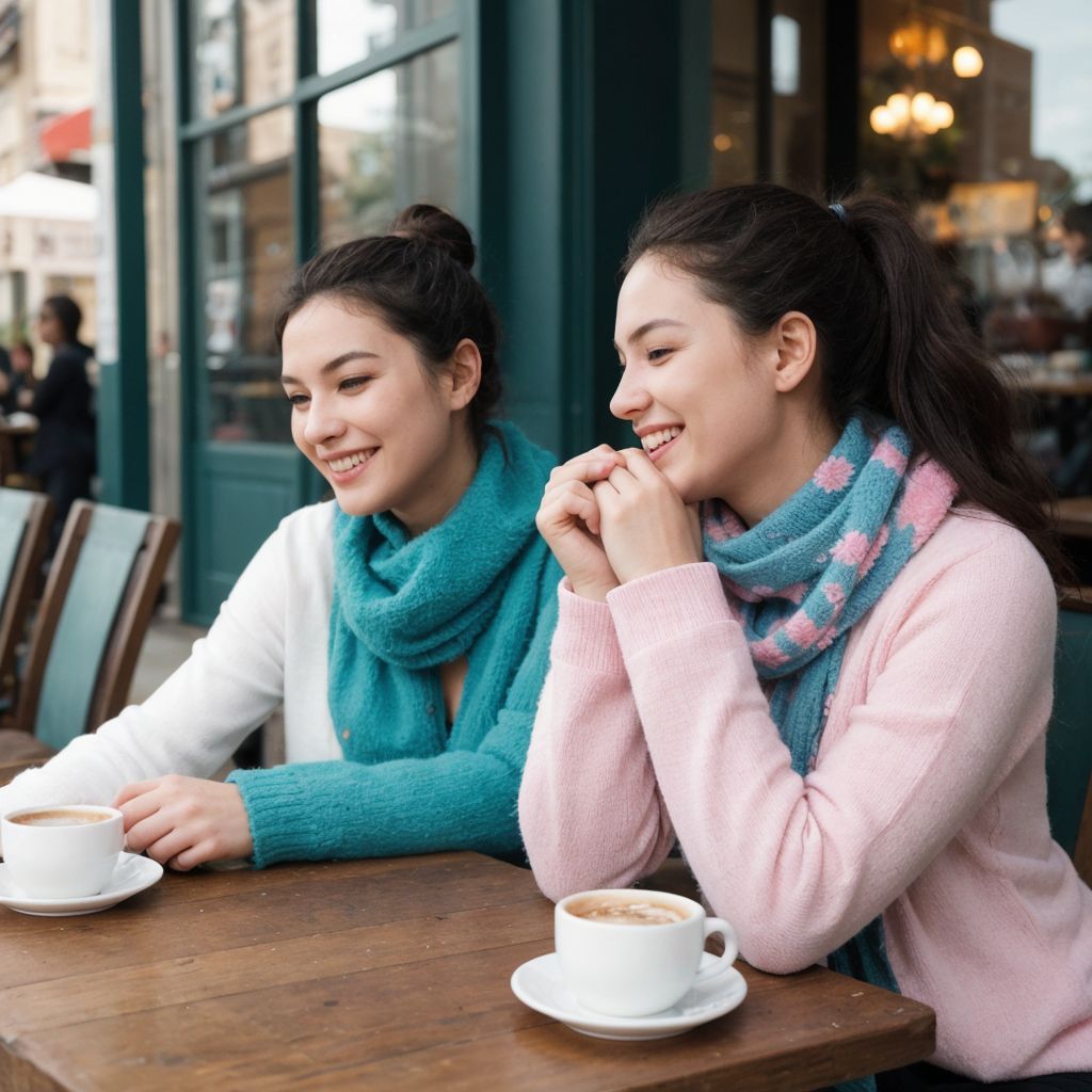 カフェで楽しそうに会話する2人の若い女性。カラフルなスカーフと笑顔が印象的。