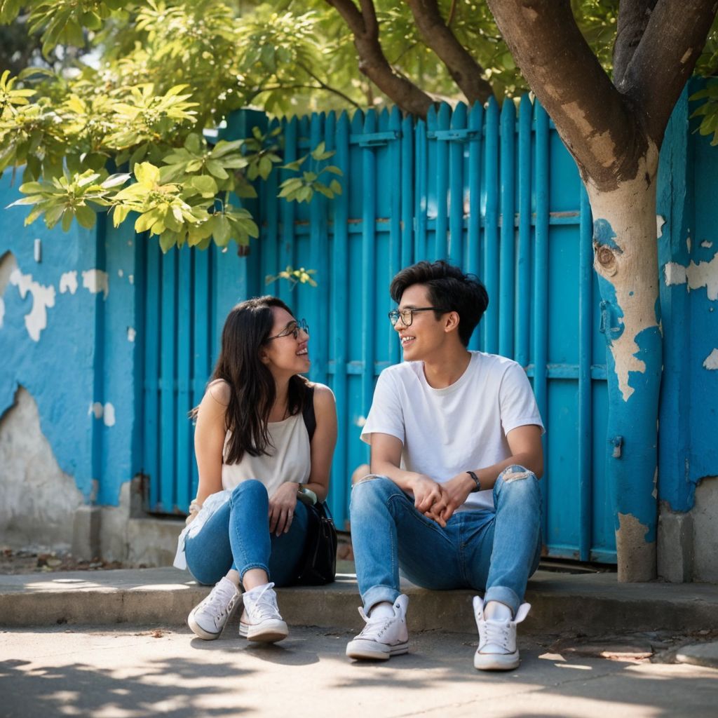 青いフェンスを背景に、木陰で語り合う若いカップル。都会の夏の風景。