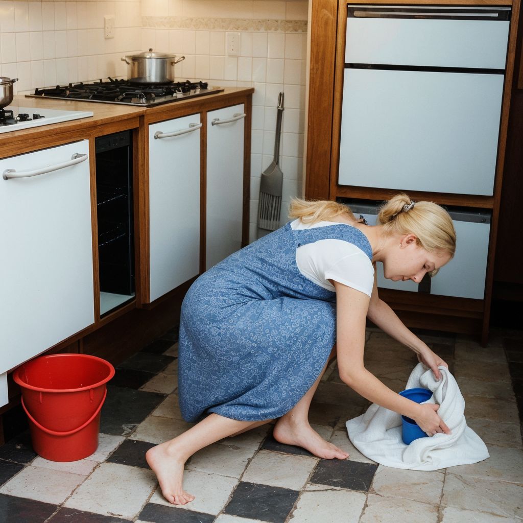 主婦が台所の床を掃除する様子。チェック柄のタイル床とモダンなキッチン設備が特徴的。