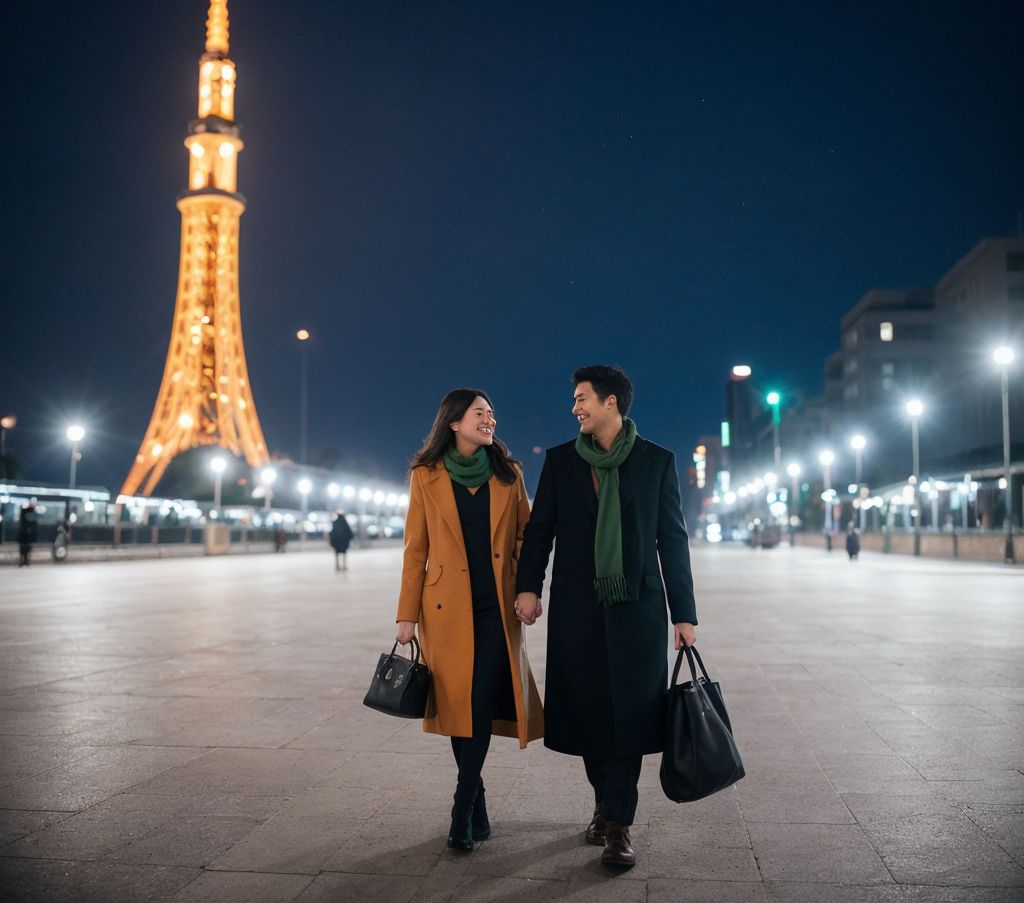 パリの夜景：エッフェル塔を背景に、買い物袋を持って歩くカップル。
