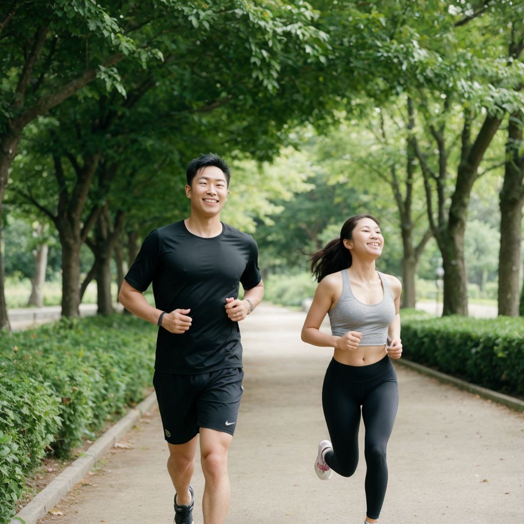 緑豊かな公園で、健康的なカップルがジョギングを楽しむ爽やかな風景。