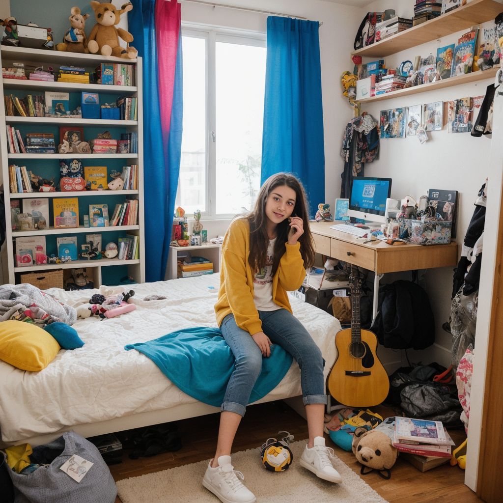 カラフルで個性的な若者の寝室。本棚、デスク、ギター、ポスターが特徴的。