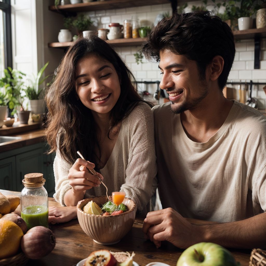 居心地の良いキッチンで健康的な食事を楽しむ若いカップル。木製テーブルと白いタイル壁が特徴的。