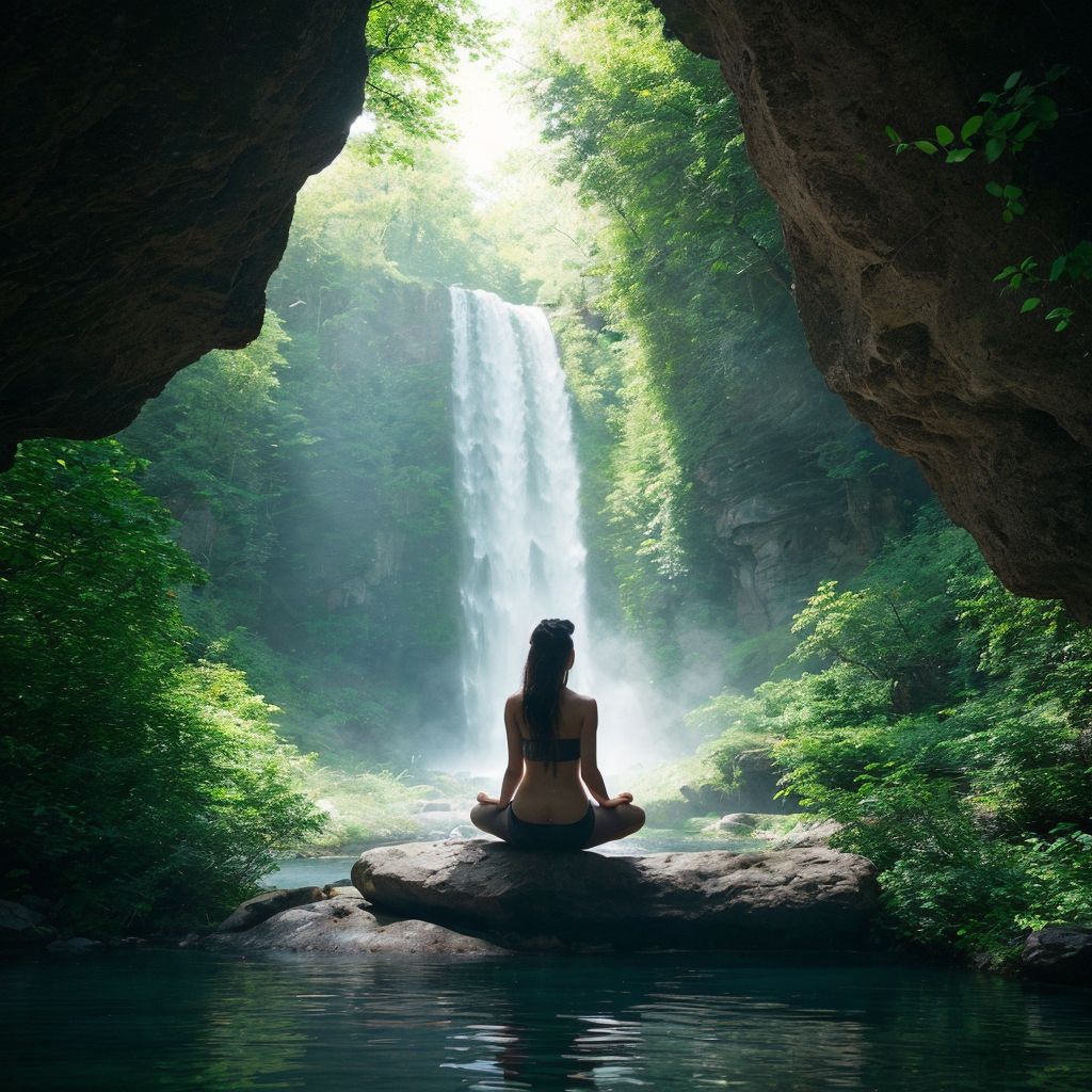 滝と瞑想する人物が映る神秘的な風景。緑豊かな自然の中で静寂と調和を感じる癒しの光景。