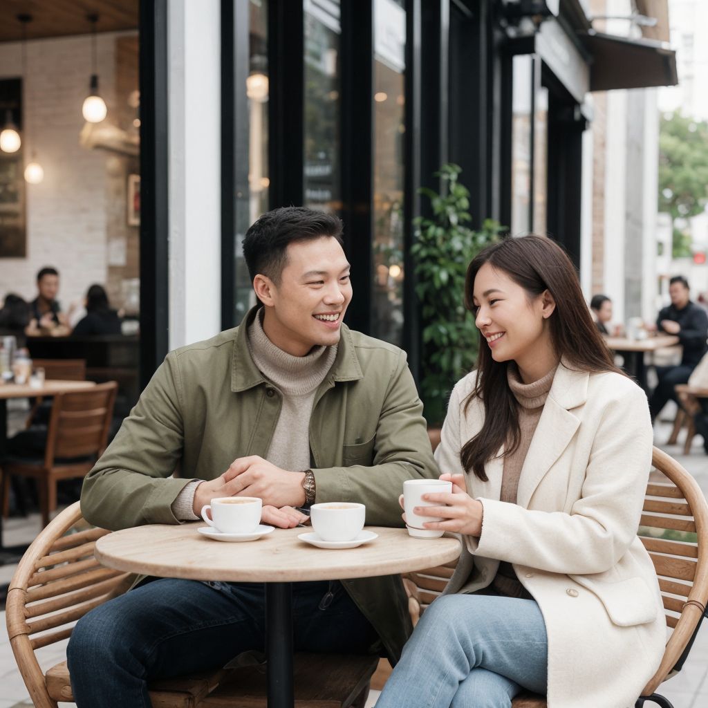 カフェでデートを楽しむ若いカップル。屋外テーブルでコーヒーを飲みながら会話。都会的な雰囲気。