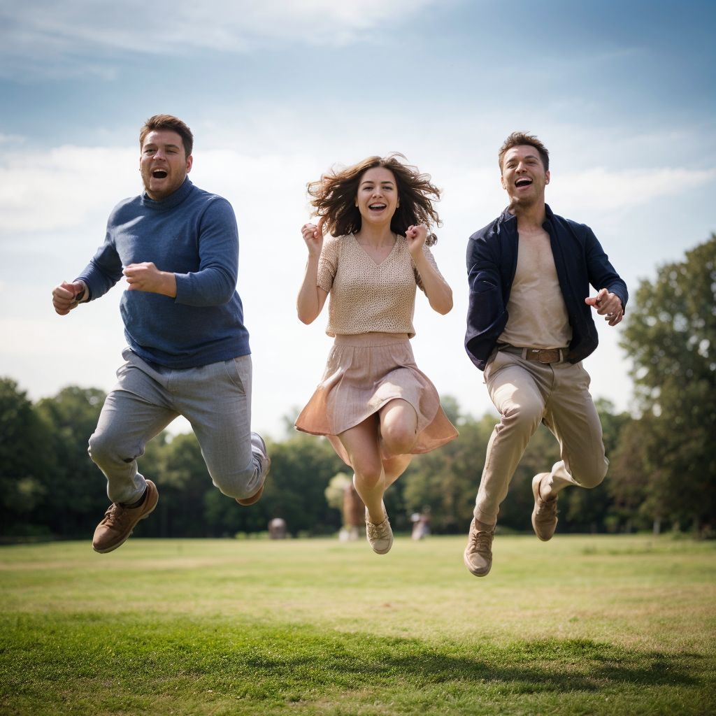 芝生の上で喜びはしゃぐ3人の若者。ジャンプして笑顔で楽しそうな瞬間。