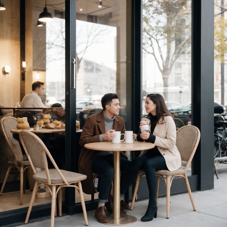 都会のカフェで親密な会話を楽しむカップル。秋の雰囲気漂う屋外テラス席。