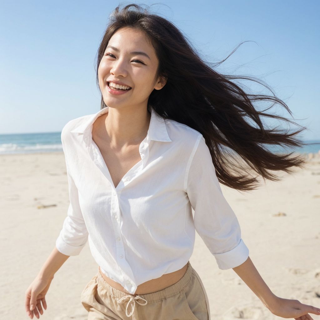 海辺で笑顔の女性。白いシャツと軽いパンツ姿。髪が風になびく。青い空と海。