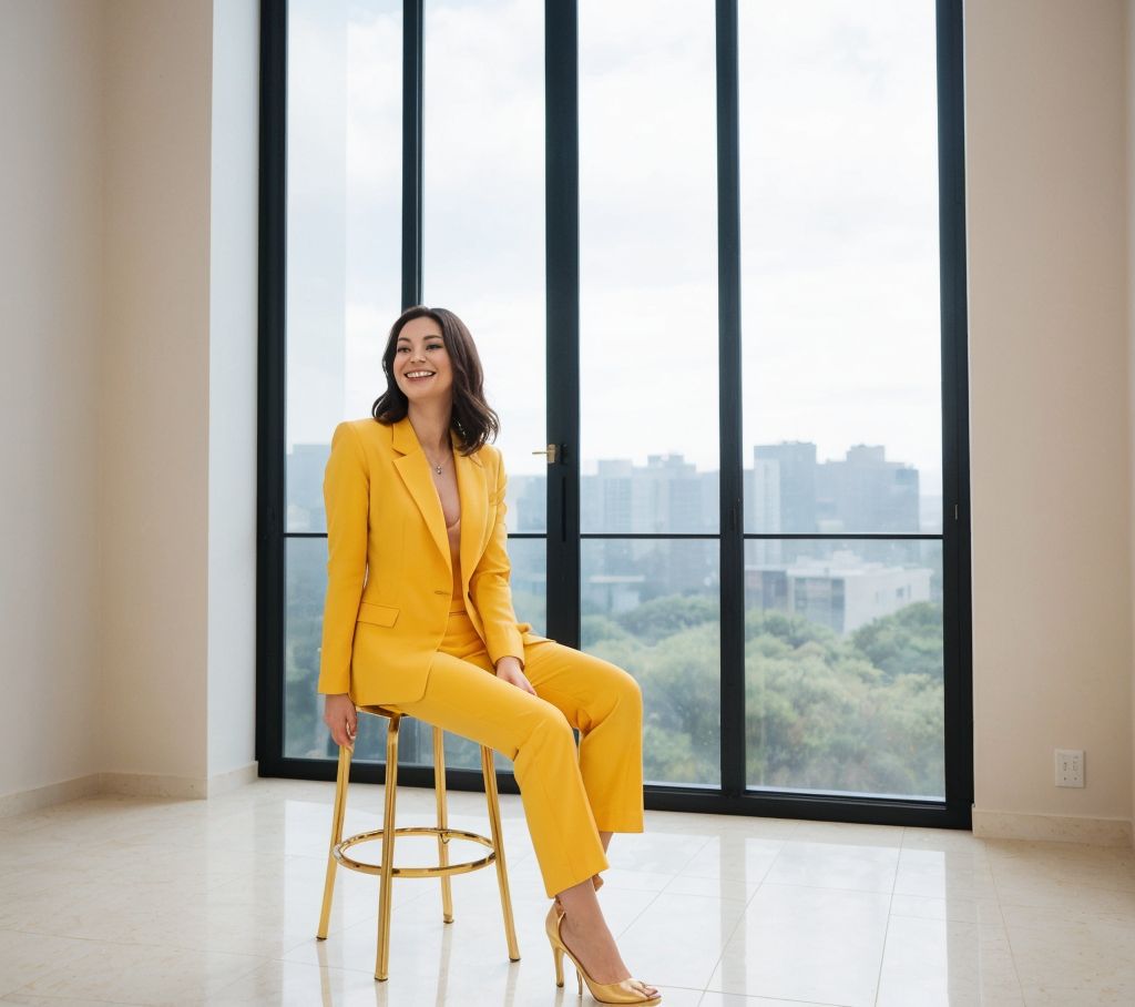 黄色いスーツを着た自信に満ちた女性が、高層ビルの部屋で都市の景色を背景に座っています。
