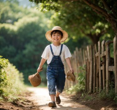田舎道を歩く子供。麦わら帽子をかぶり、バスケットと靴を持っている。緑豊かな風景。