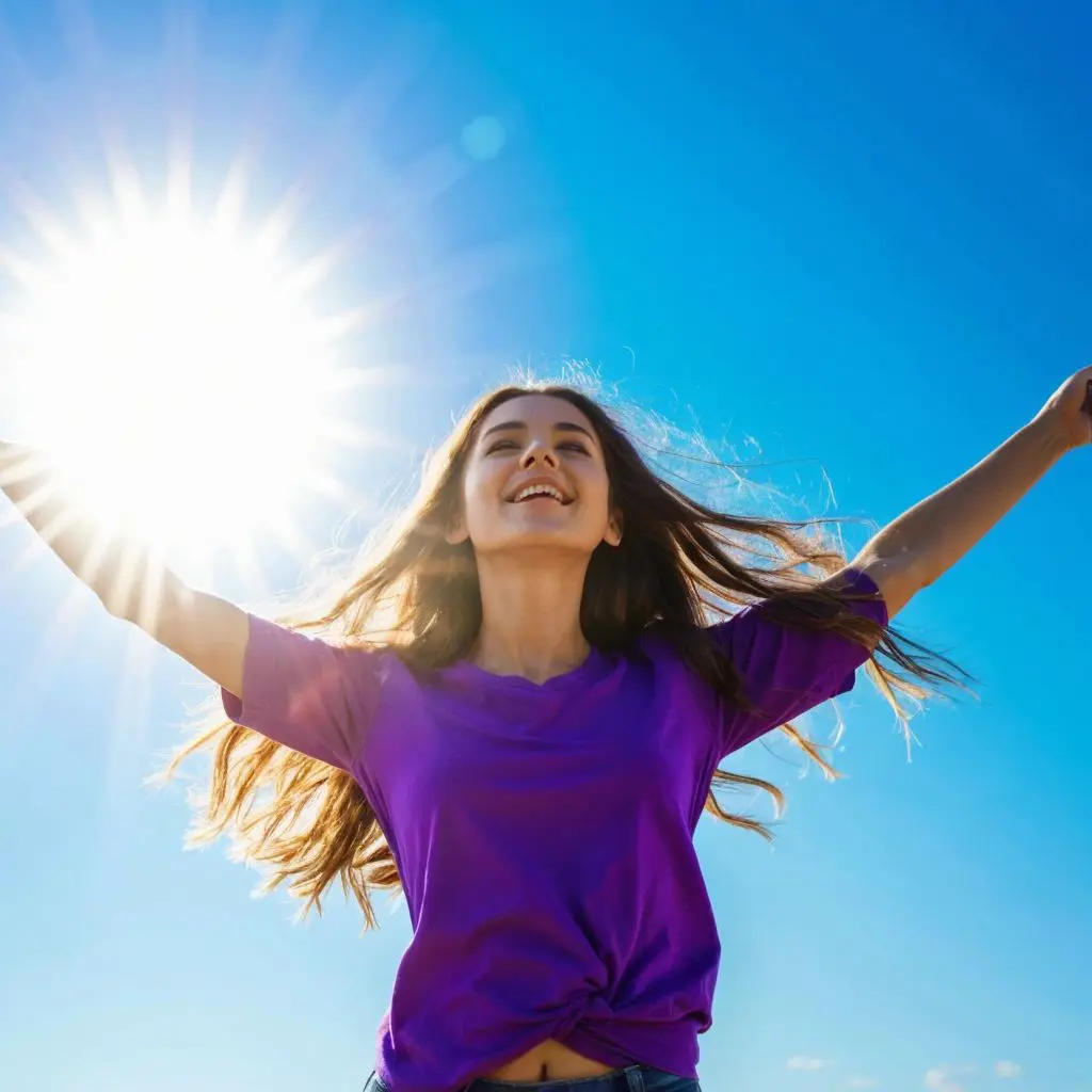 青空の下で両手を広げ、喜びに満ちた表情で自由を感じる女性。太陽の光が輝いています。